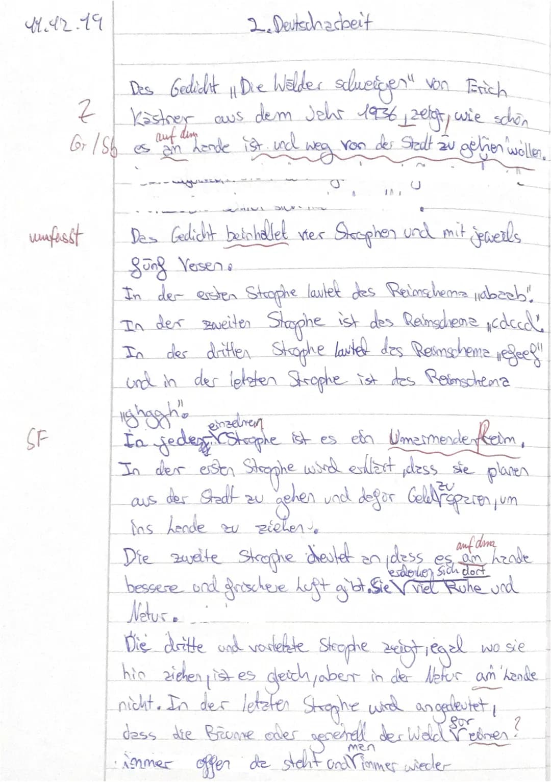 Deutsch 8a
du
Analysiere das Gedicht "Die Wälder schweigen" von Erich Kästner aus dem Jahr 1936, indem
●
einen Einleitungssatz mit den volls