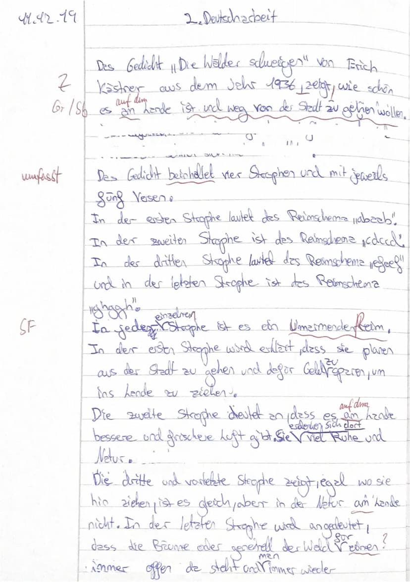 Deutsch 8a
du
Analysiere das Gedicht "Die Wälder schweigen" von Erich Kästner aus dem Jahr 1936, indem
●
einen Einleitungssatz mit den volls