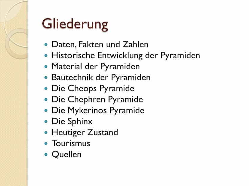 Die Pyramiden von Gizeh Gliederung
• Daten, Fakten und Zahlen
●
Historische Entwicklung der Pyramiden
• Material der Pyramiden
• Bautechnik 