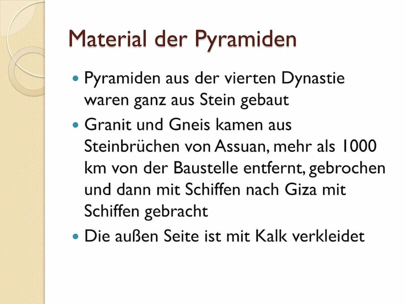 Die Pyramiden von Gizeh Gliederung
• Daten, Fakten und Zahlen
●
Historische Entwicklung der Pyramiden
• Material der Pyramiden
• Bautechnik 