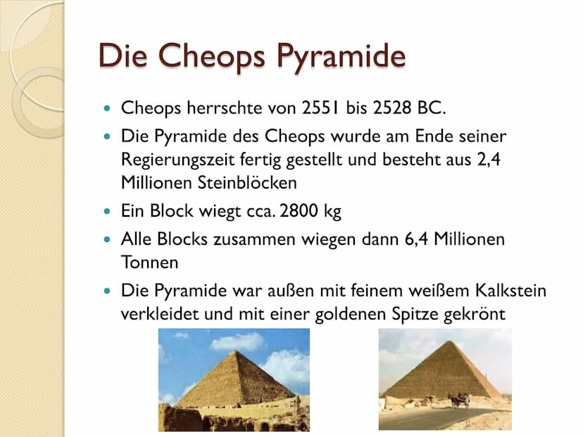 Die Pyramiden von Gizeh Gliederung
• Daten, Fakten und Zahlen
●
Historische Entwicklung der Pyramiden
• Material der Pyramiden
• Bautechnik 