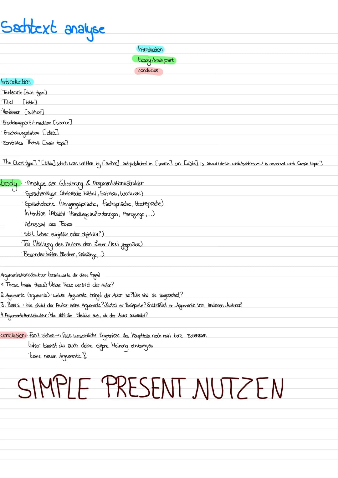 Sachtext analyse
Introduction
Textsorte [text type]
·Titel
[title]
• Verfasser [author]
· Erscheinungsor +/- medium [source]
Erscheinungsdat