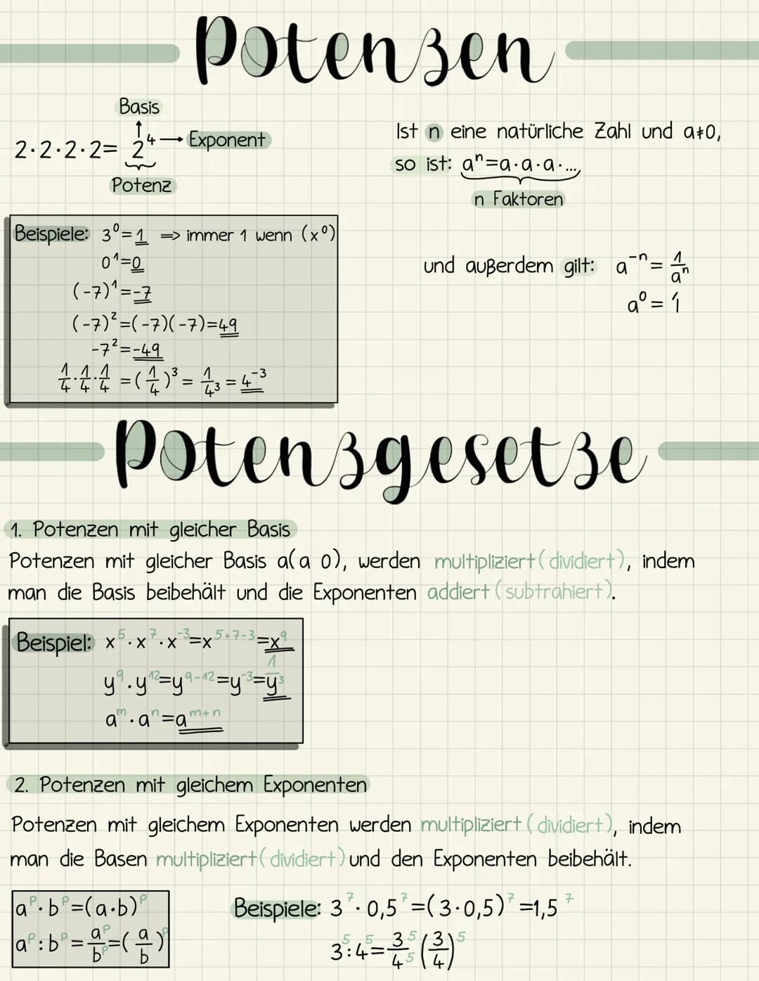 
<p>Die Potenzgesetze sind Regeln, die bei der Multiplikation, Division, Addition und Subtraktion von Potenzen angewendet werden. Sie erleic