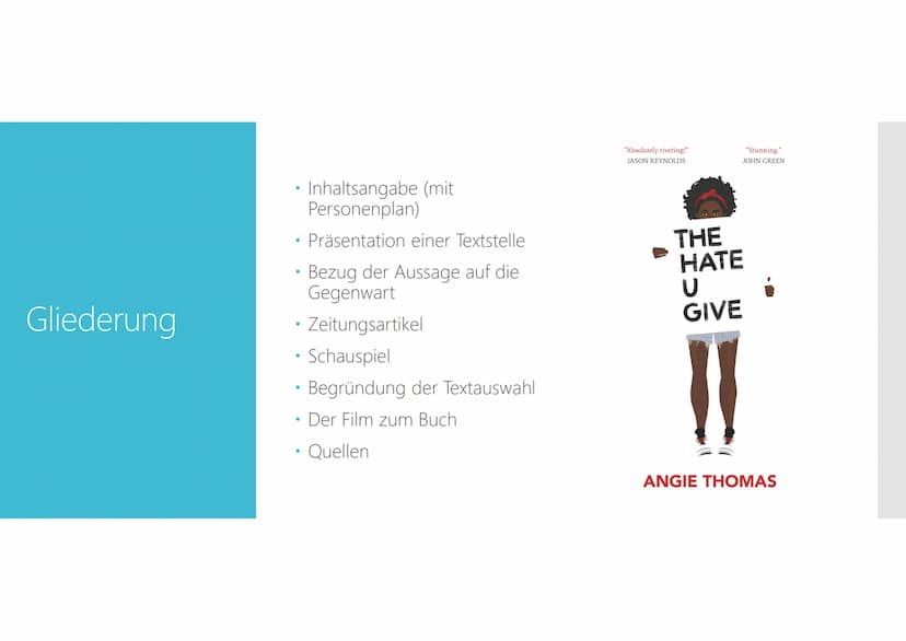 Buchvorstellung
The Hate U Give"
Alina Totzke & Luise Hamsch, 9c Gliederung
• Inhaltsangabe (mit
Personenplan)
• Präsentation einer Textstel