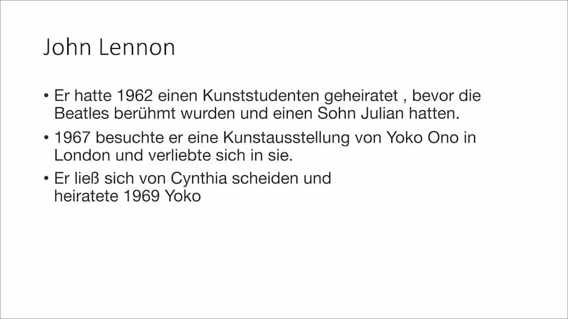 John Lennon Geboren im zweiten Weltkrieg
1940 wurde John als Sohn von Julia Lennon geboren. Sein
Vater war Seemann und auf See.
●
●
Er lebte