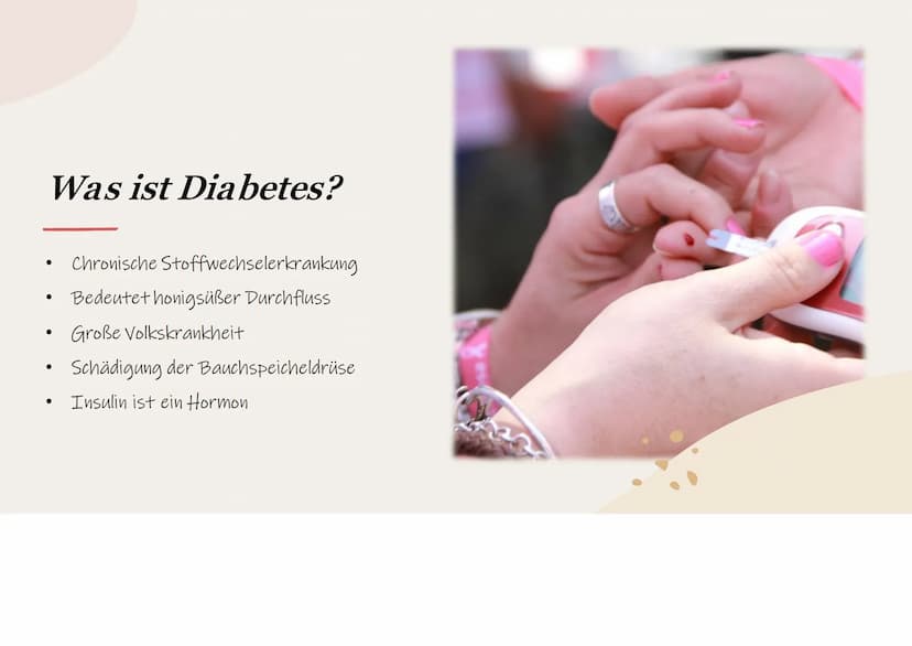 Diabetes mellitus
Wie die Zuckerkrankheit den Alltag beeinflusst Inhalt
Was ist Diabetes?
Welche Diabetes Typen gibt es?
Symptome
Worauf mus