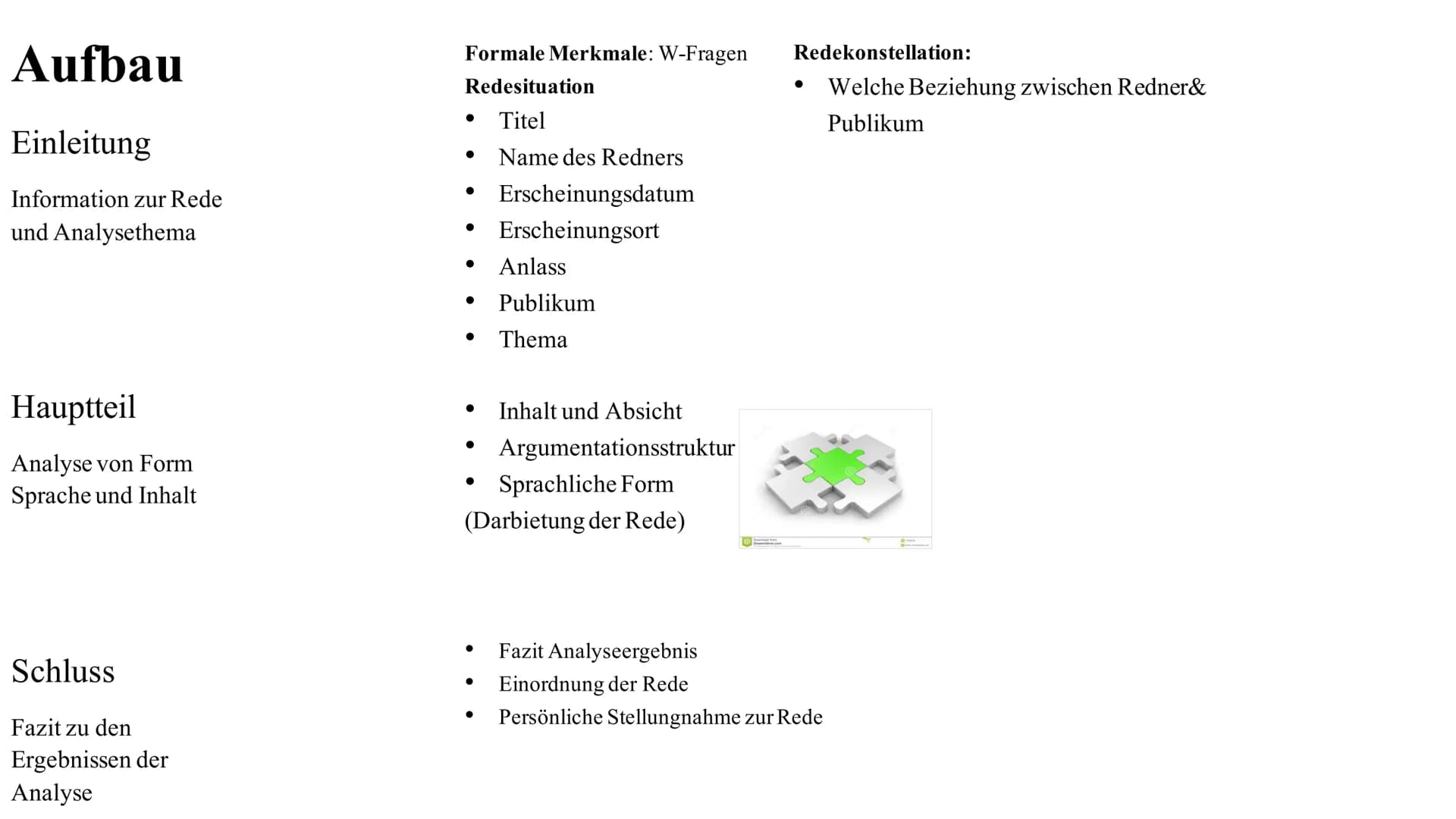 Eine Redeanalyse
schreiben Inhaltsverzeichnis
Allgemein
Vorbereitung
Aufbau
Beispiel Redeanalyse
Quellen ?
?
?
?
?
Allgemein
Redeanalyse ist