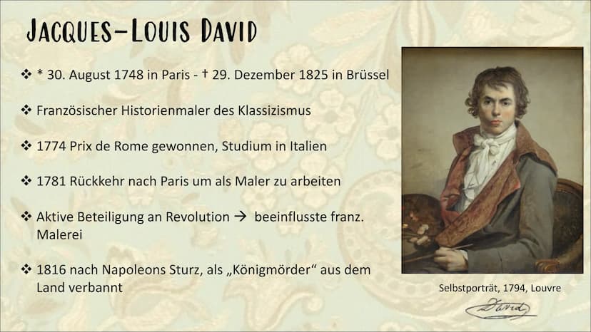 KLASSIZISMUS Begriffserklärung
KUNSTGESCHICHTLICHE EPOCHE IM ZEITRAUM ETWA
ZWISCHEN 1770 UND 1840
ZEITGLEICH: BIEDERMEIER & ROMANTIK
VORBILD