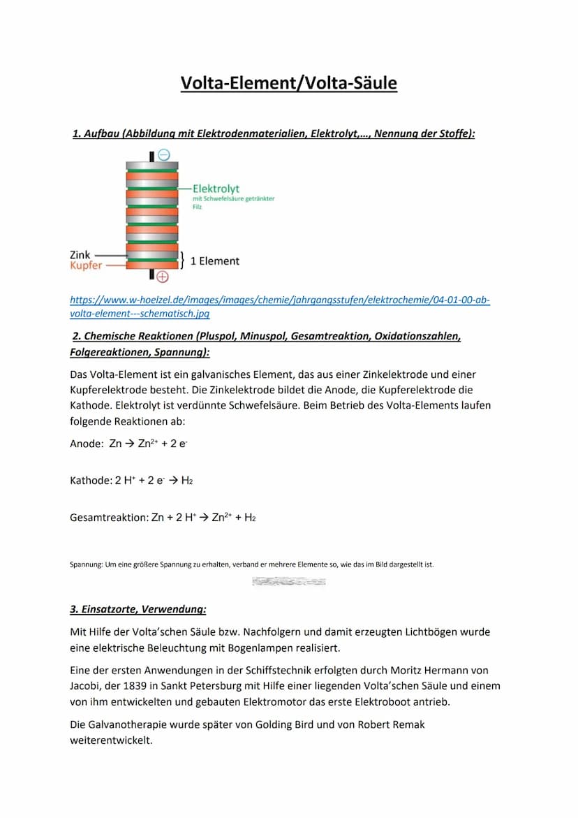 Volta-Element/Volta-Säule
1. Aufbau (Abbildung mit Elektrodenmaterialien, Elektrolyt,..., Nennung der Stoffe):
Zink
Kupfer
-Elektrolyt
mit S