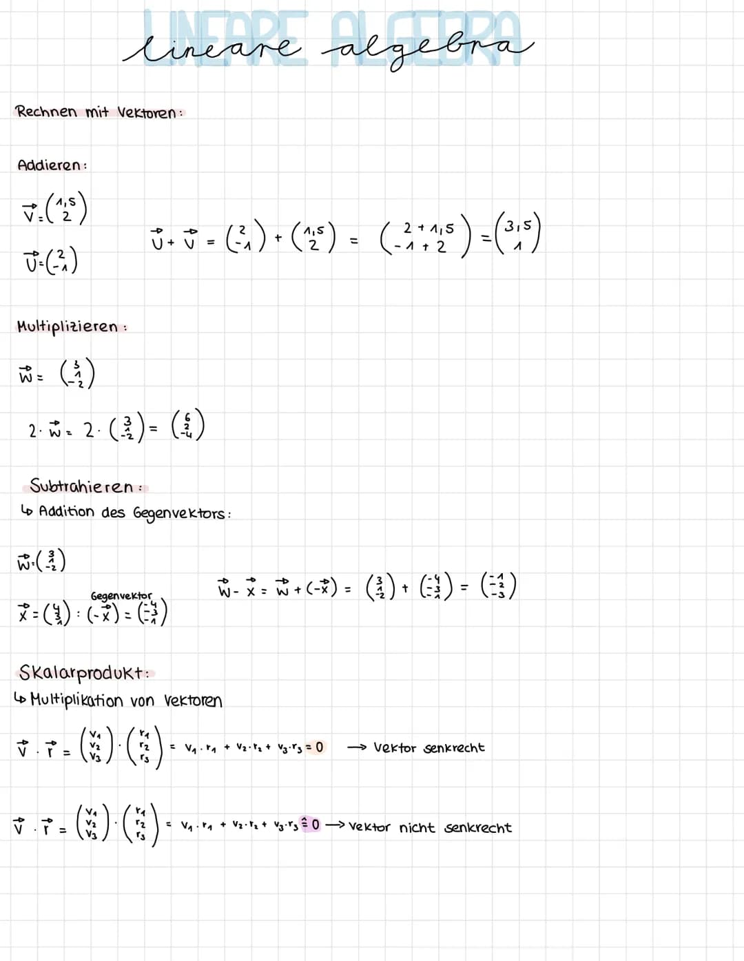 lineare algebra
Punkte im Koordinatensystem.
X
Vektoren:
4
'3
|a| = |AB| =
Beispiel:
A(5/3/2)
B (71-114)
2
0₁-9A
bat
b3-93
a = AB
V
✓ = (₁²)