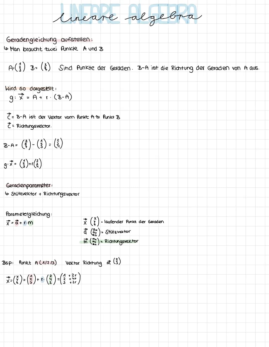 lineare algebra
Punkte im Koordinatensystem.
X
Vektoren:
4
'3
|a| = |AB| =
Beispiel:
A(5/3/2)
B (71-114)
2
0₁-9A
bat
b3-93
a = AB
V
✓ = (₁²)