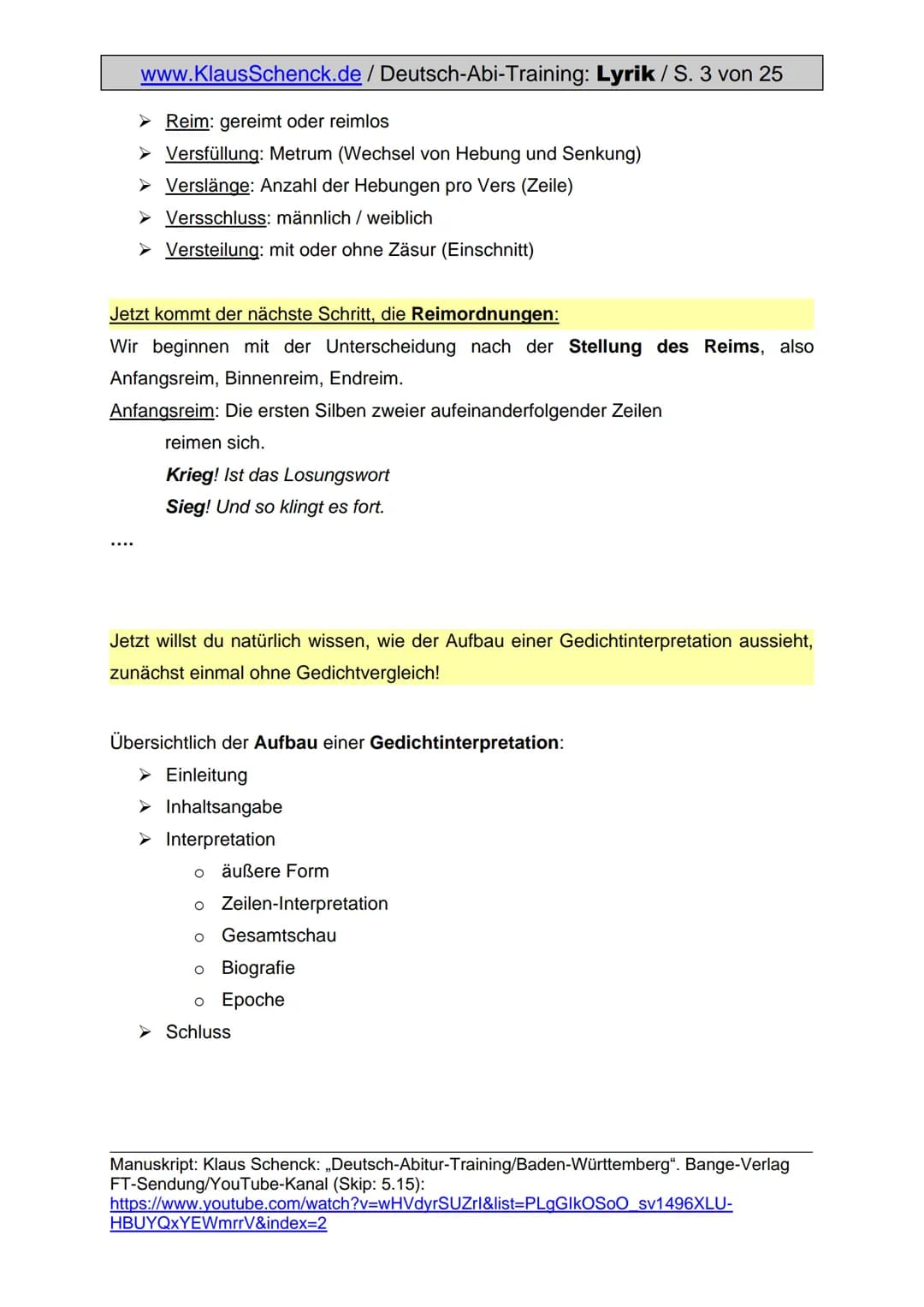 www.KlausSchenck.de / Deutsch-Abi-Training: Textanalyse / S. 1
Textanalyse (Aufgabe V)
Aus meiner Sicht ist die Textanalyse die einfachste A