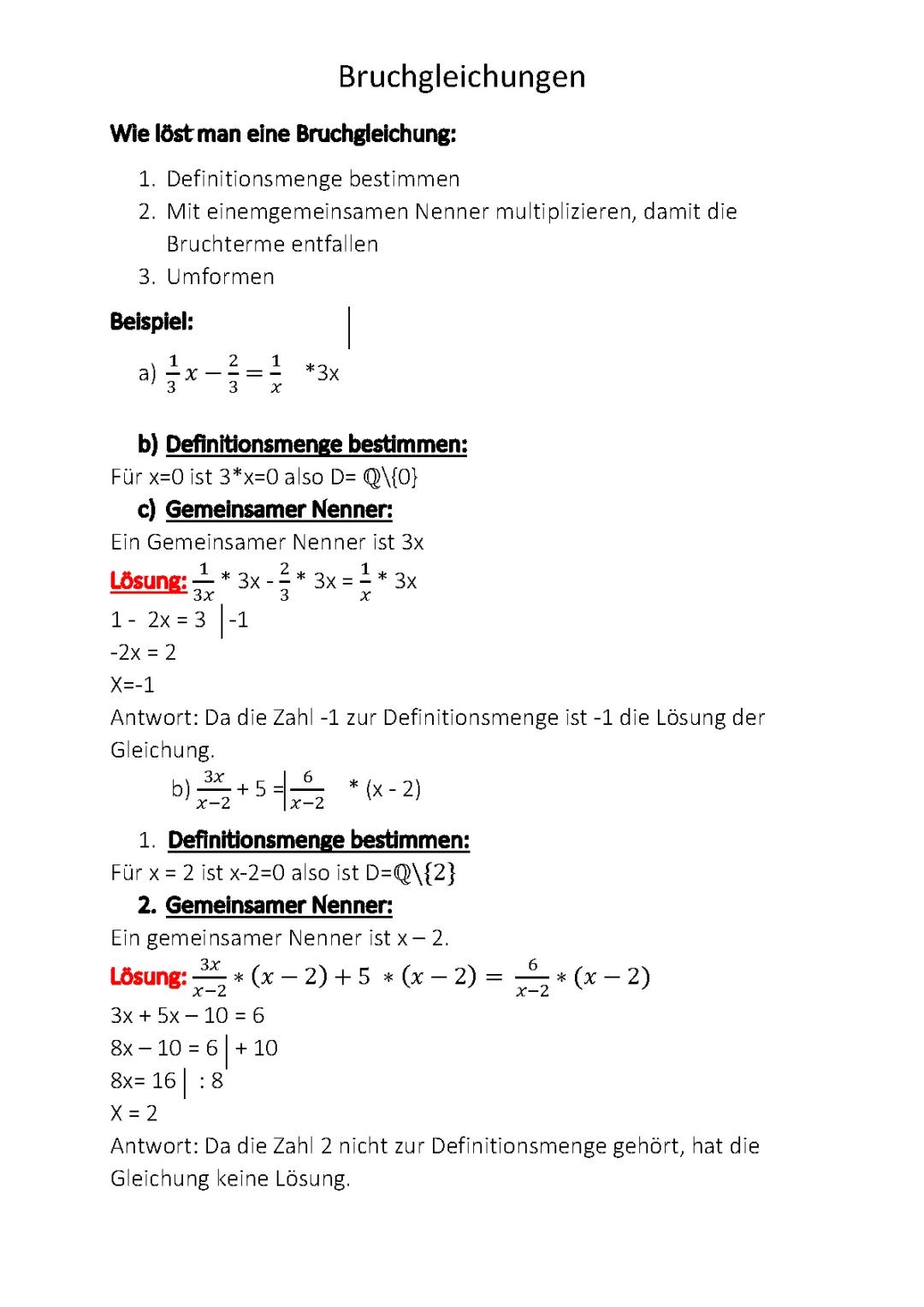 Bruchgleichungen: Übungen, Lösungen und Rechner