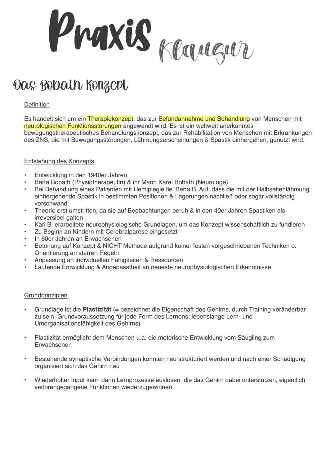 Das Bobath Konzept
Definition
Praxis
Es handelt sich um ein Therapiekonzept, das zur Befundannahme und Behandlung von Menschen mit
neurologi