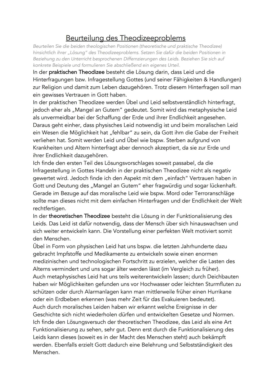 Beurteilung des Theodizeeproblems
Beurteilen Sie die beiden theologischen Positionen (theoretische und praktische Theodizee)
hinsichtlich ih