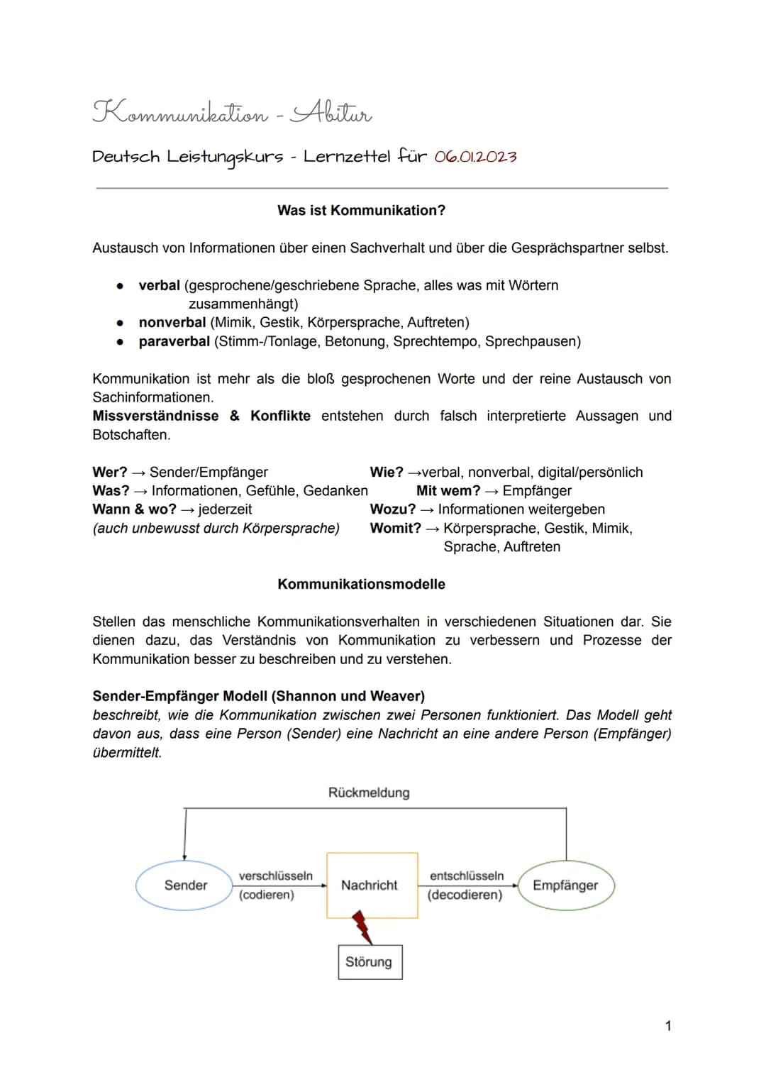 Kommunikation
- Abitur
Deutsch Leistungskurs - Lernzettel für 06.01.2023
Was ist Kommunikation?
Austausch von Informationen über einen Sachv