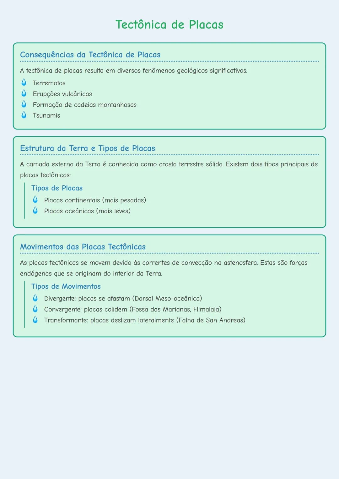 # Tectônica de Placas

## Consequências da Tectônica de Placas

A tectônica de placas resulta em diversos fenômenos geológicos significativo