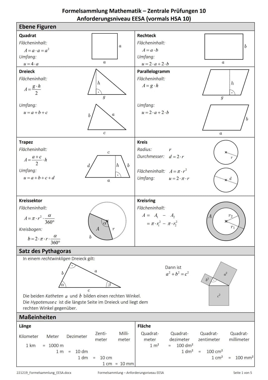 Ebene Figuren
Quadrat
Flächeninhalt:
A=a.a=a²
Umfang:
u = 4.a
Dreieck
Flächeninhalt:
g.h
2
A =
Umfang:
u=a+b+c
Trapez
Flächeninhalt:
a+c
2
A