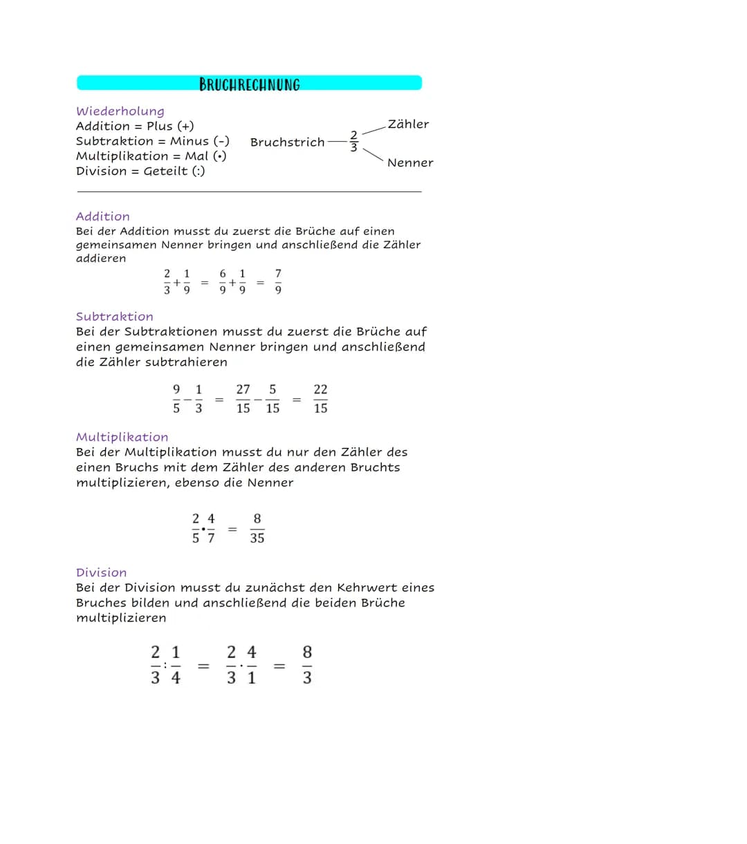 BRUCHRECHNUNG
Wiederholung
Addition Plus (+)
Subtraktion = Minus (-)
Multiplikation = Mal ()
Division = Geteilt (:)
2 1
+= =
3 9
9 1
Additio