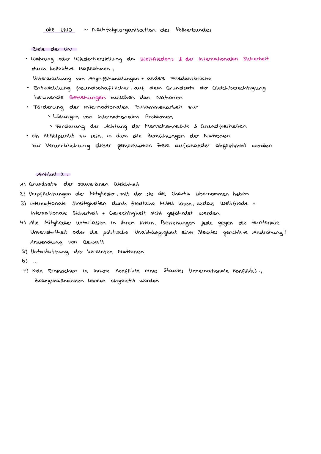 die UNO
Nach folgeorganisation des Völkerbundes
Ziele der UN
wahrung oder Wiederherstellung des Weltfriedens & der internationalen Sicherhei