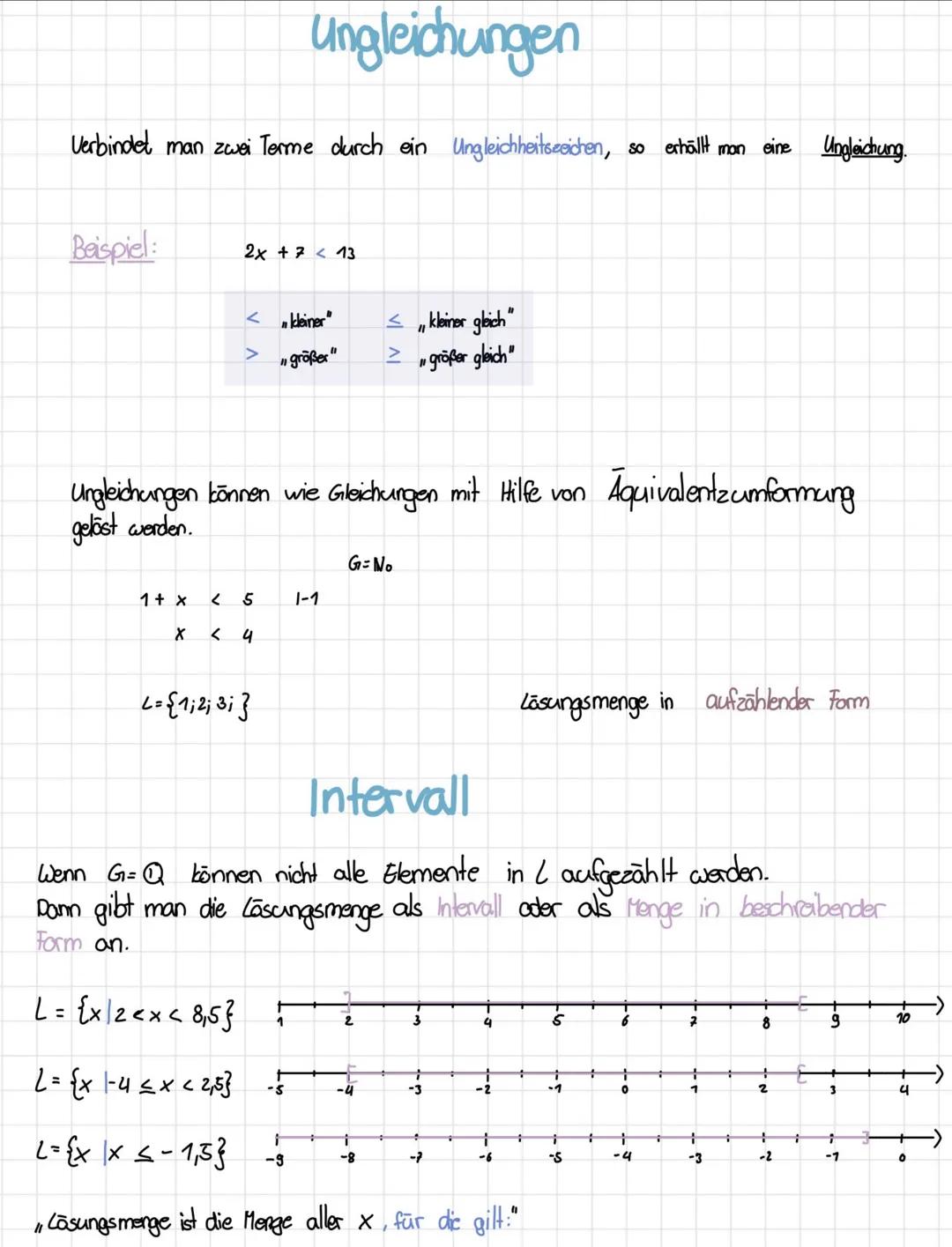 Verbindet man zwei Terme durch ein Ungleichheitszeichen, so erhällt man eine Ungleichung.
Beispiel:
1 + x
2x + 7 < 13
<kleiner"
"größer"
>
U