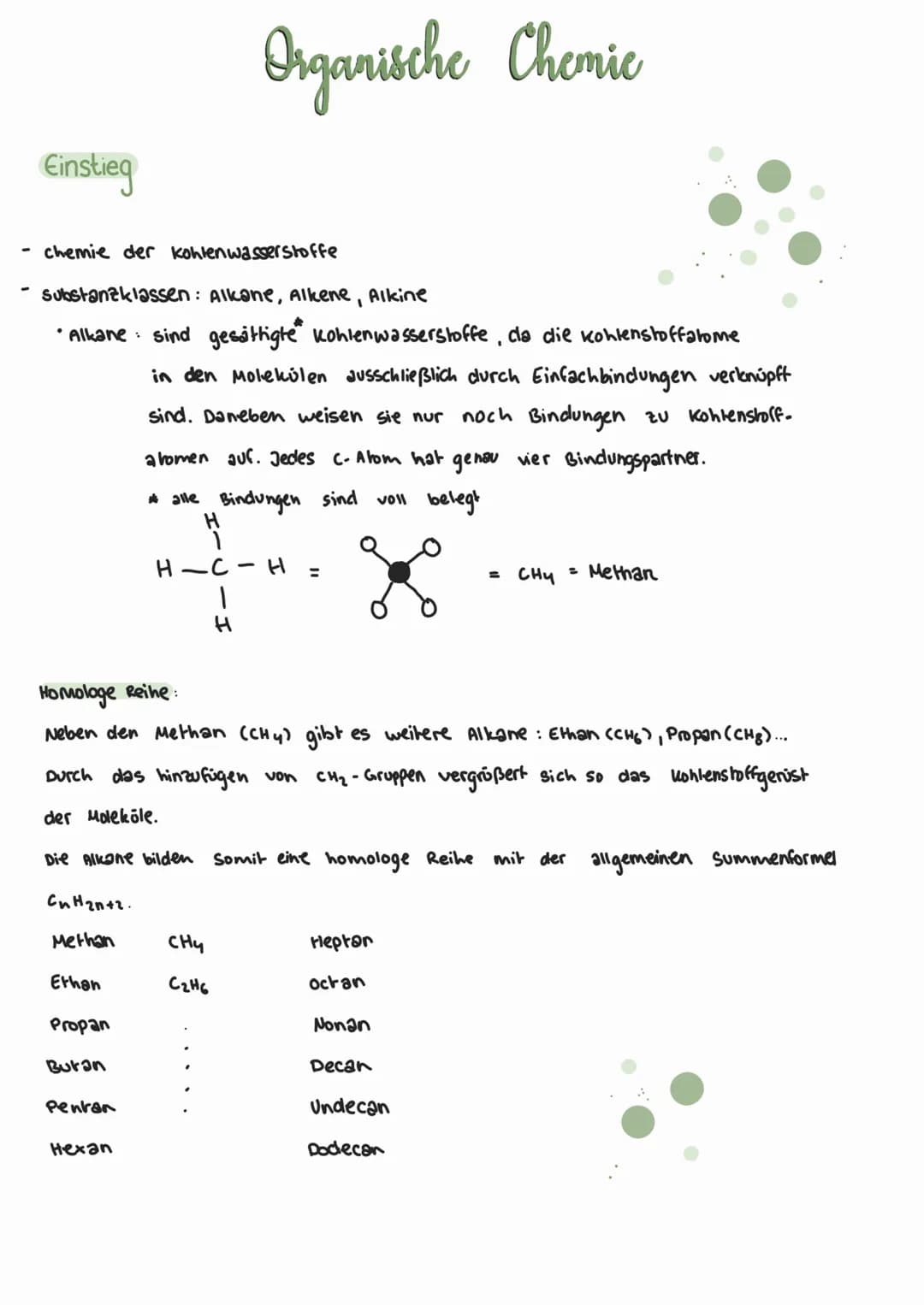 Einstieg
chemie der Kohlenwasserstoffe
Substanzklassen: Alkane, Alkene, Alkine
•Alkane sind gesättigte Kohlenwasserstoffe, da die Kohlenstof