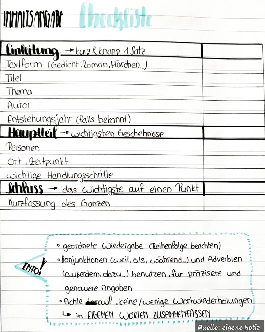 Checkliste für Inhaltsangabe und Übungen PDF