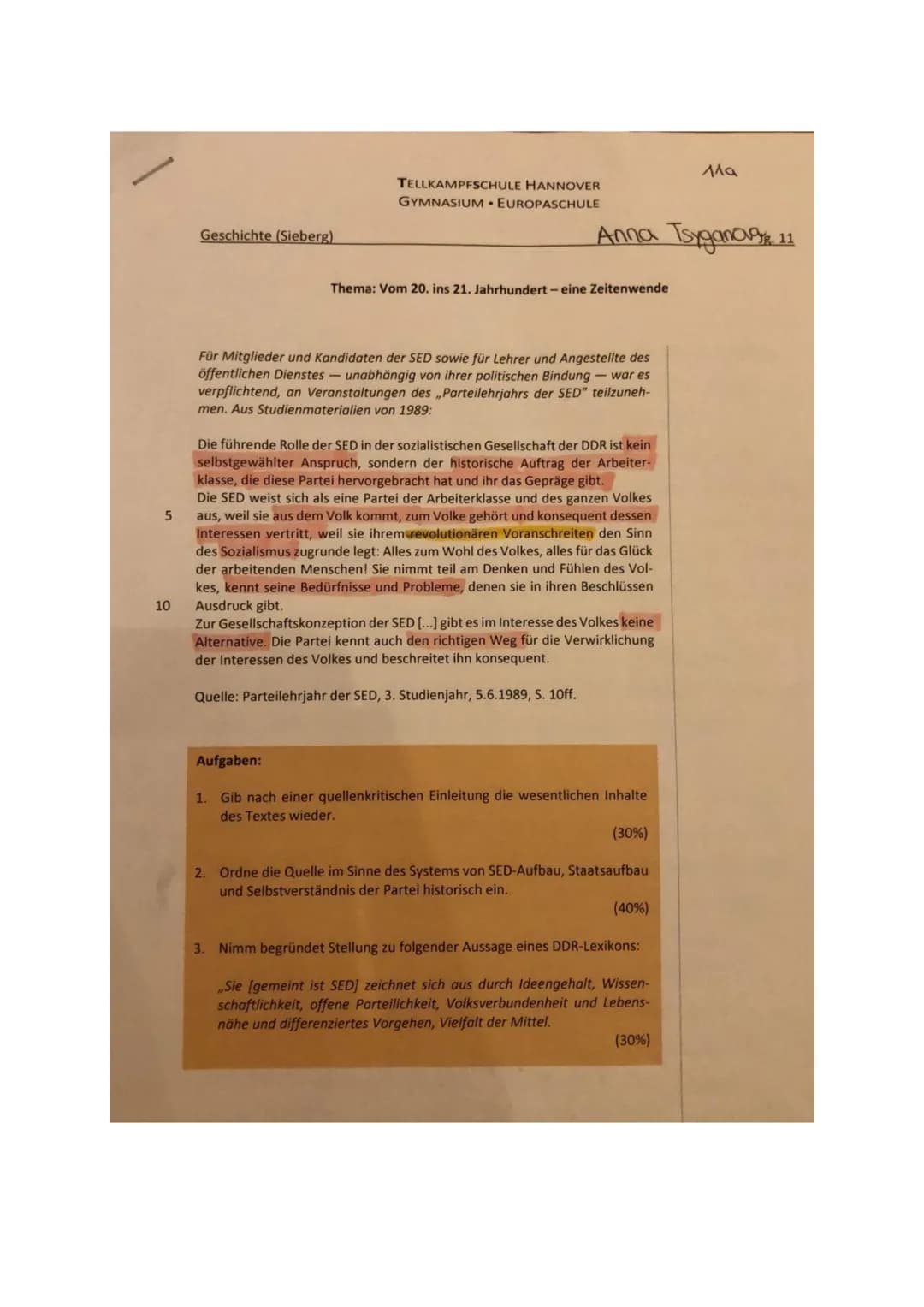 5
10
Geschichte (Sieberg)
TELLKAMPFSCHULE HANNOVER
GYMNASIUM EUROPASCHULE
Anna Tsyganag. 11
Thema: Vom 20. ins 21. Jahrhundert - eine Zeiten