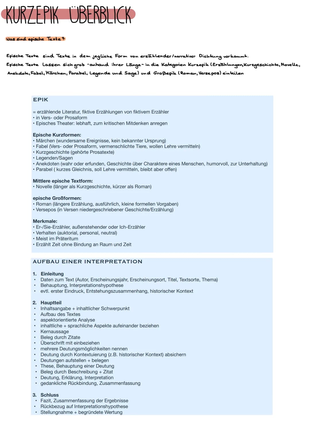 KURZEPIK UBERBLICK
Was sind epische Texte?
Epische Texte sind Texte in dem jegliche Form von erzählender/narrativer Dichtung vorkommt.
Episc