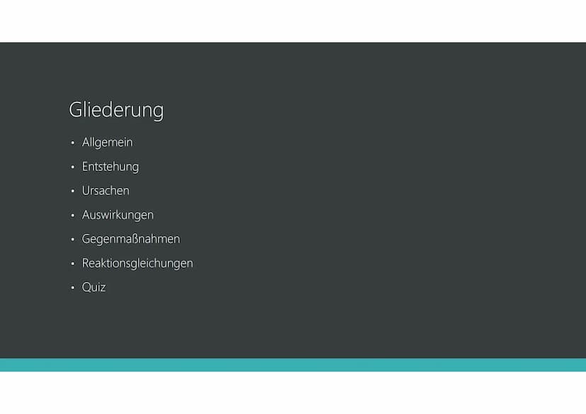 Saurer Regen
JANA ELVERS & LUISE HAMSCH, 8C Gliederung
• Allgemein
• Ursachen
●
Entstehung
●
Auswirkungen
Gegenmaßnahmen
Reaktionsgleichunge