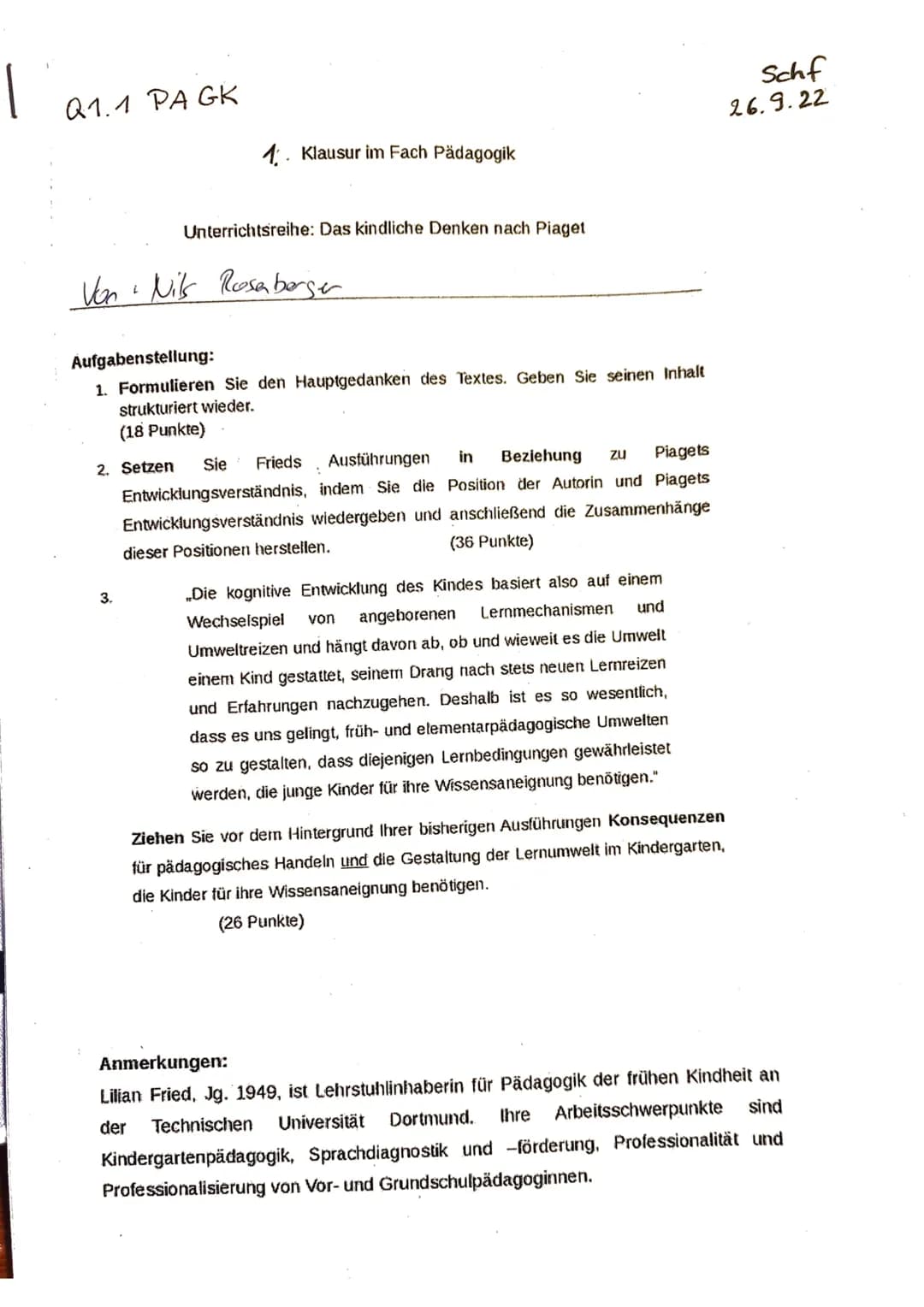 Q1.1-Pädagogik GK-Klausur-Jean Piaget-14Punkte