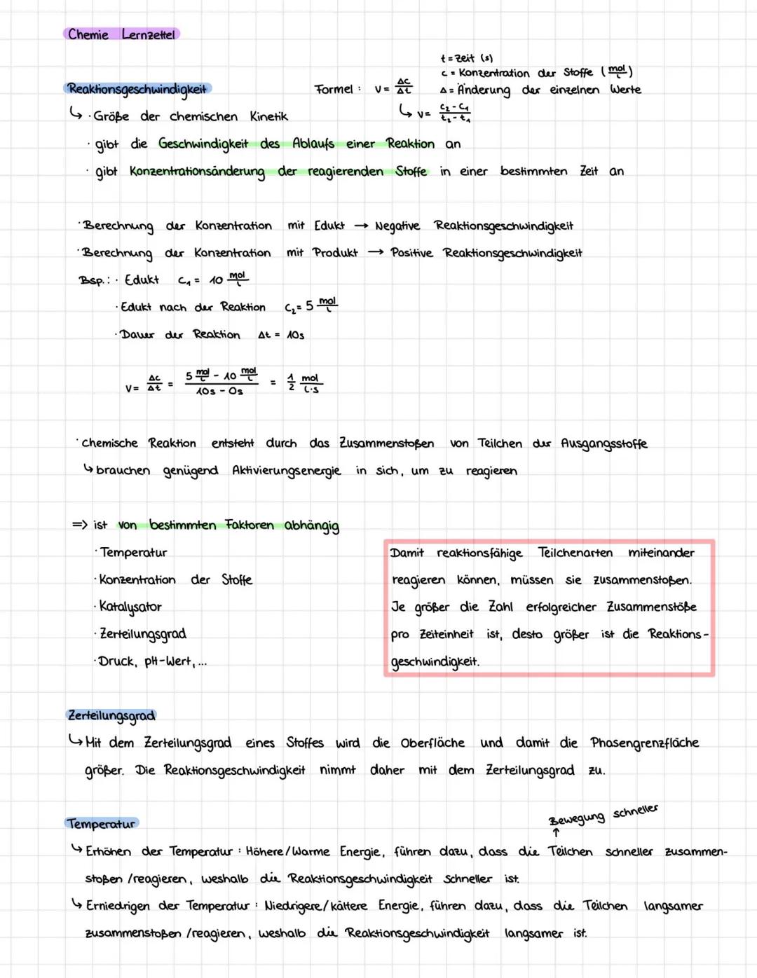 Chemie Lernzettel
Reaktionsgeschwindigkeit
G
•Berechnung der Konzentration
•Berechnung der Konzentration
Bsp.: Edukt C₁ = 10 ml
·Edukt nach 