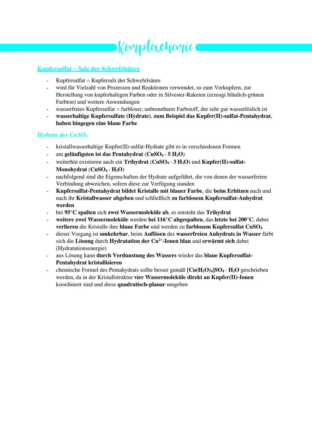 •Komplexchemie
Kupfersulfat - Salz der Schwefelsäure
Kupfersulfat = Kupfersalz der Schwefelsäure
wird für Vielzahl von Prozessen und Reaktio