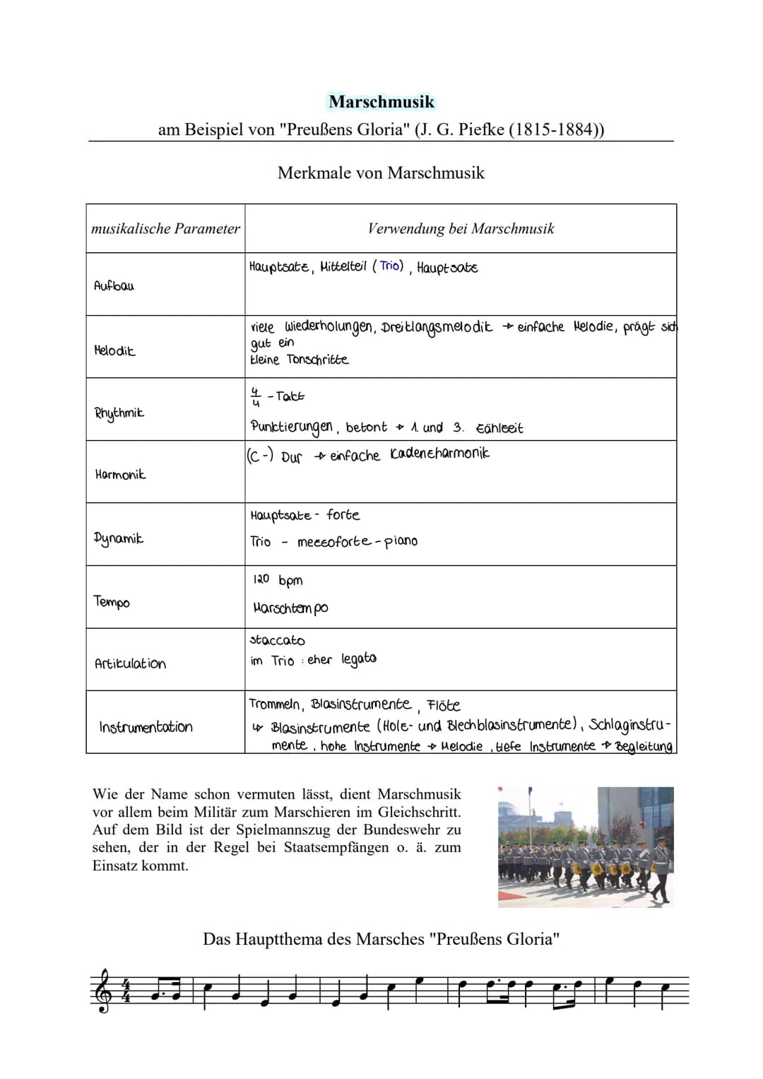 musikalische Parameter
Aufbau
Melodik
Rhythmik
Harmonik
Dynamik
Marschmusik
am Beispiel von "Preußens Gloria" (J. G. Piefke (1815-1884))
Tem