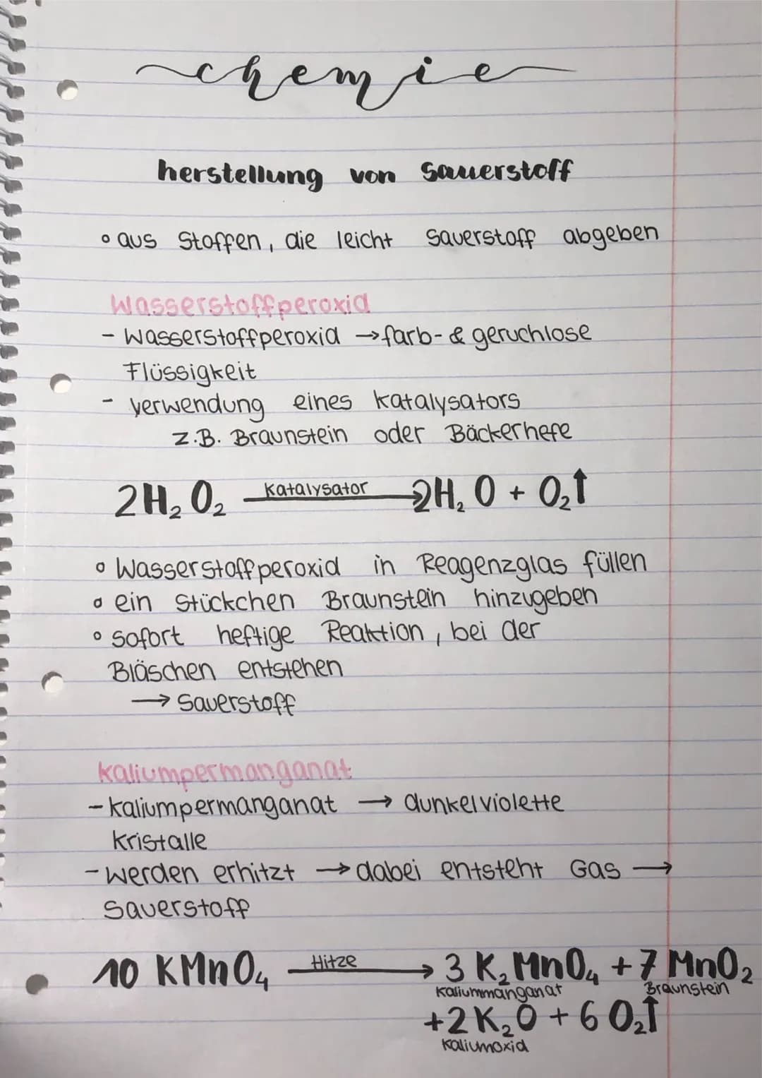 chemie
herstellung von Sauerstoff
• aus Stoffen, die leicht Sauerstoff abgeben
Wasserstoffperoxid
- Wasserstoffperoxid →→farb- & geruchlose
