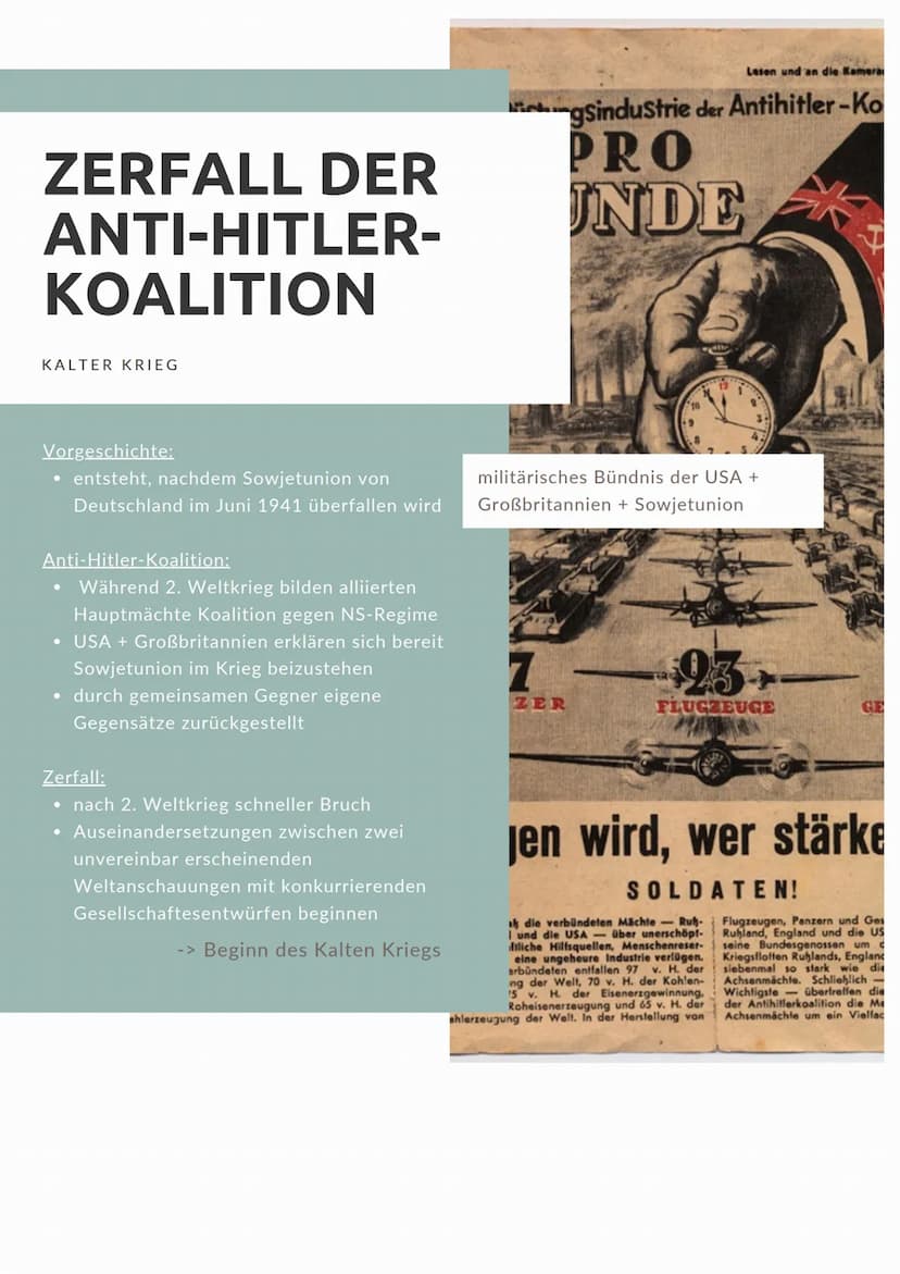 OST-WEST-KONFLIKT
Verlauf
o UdSSR + USA - Anti-Hitler-Koalition:
gemeinsamer Kampf gegen NS-Regime
(Deutschland) - führt zu Aufstieg zu
Supe