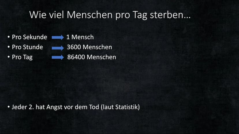Leben-auch nach dem Tod? Gliederung
Wie viel Menschen pro Tag sterben...
Warum man daran glaubt...
In welchen Religionen man daran glaubt...