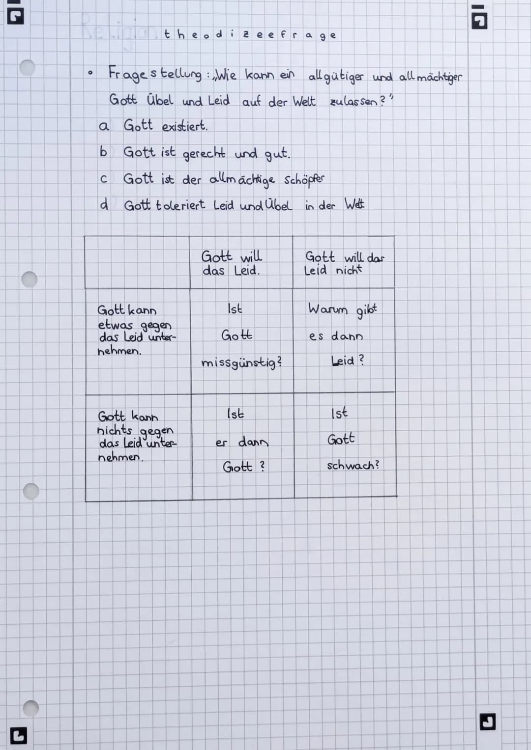 G
J
O
theodizeefrage
Fragestellung: Wie kann ein all gütiger und all mächtiger
Gott Übel und Leid auf der Welt zulassen?"
a Gott existiert.

