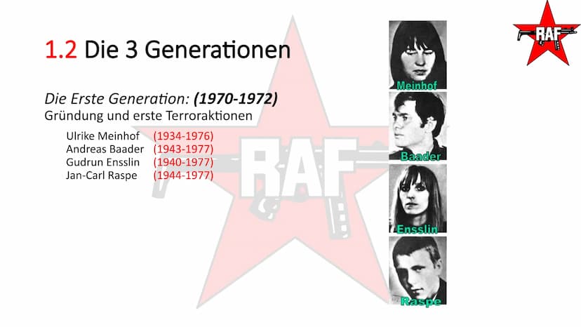 Rote Armee Fraktion- RAF
TAI
RAF
SEIT 20 TAGEN
RAF Gliederung
1. Rote Armee Fraktion
2. Umgang des Staates
RAF
RAF Gliederung
1. Rote Armee 