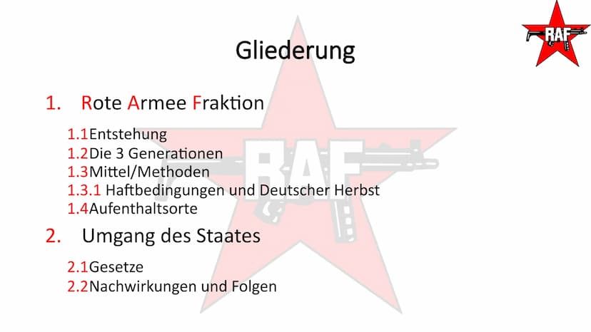 Rote Armee Fraktion- RAF
TAI
RAF
SEIT 20 TAGEN
RAF Gliederung
1. Rote Armee Fraktion
2. Umgang des Staates
RAF
RAF Gliederung
1. Rote Armee 