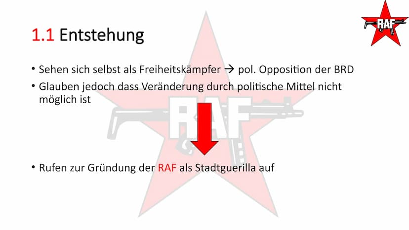 Rote Armee Fraktion- RAF
TAI
RAF
SEIT 20 TAGEN
RAF Gliederung
1. Rote Armee Fraktion
2. Umgang des Staates
RAF
RAF Gliederung
1. Rote Armee 