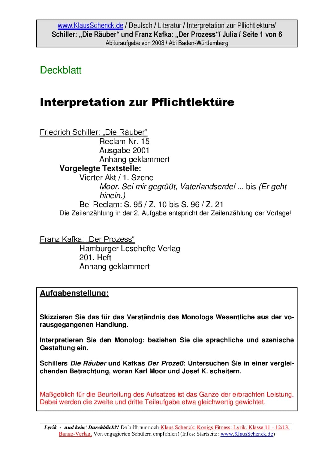 Fragen zu 'Die Räuber' von Schiller: 4. Akt, 1. Szene - Klassenarbeit