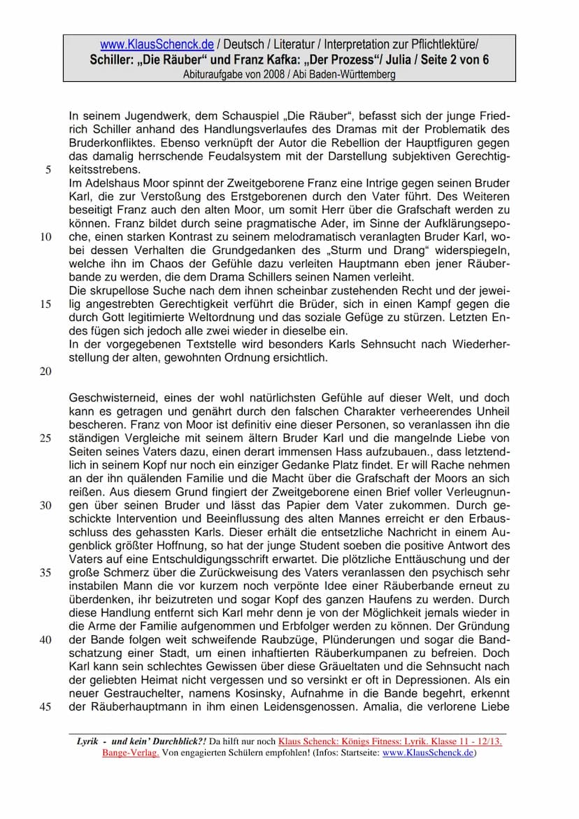 www.KlausSchenck.de / Deutsch / Literatur / Interpretation zur Pflichtlektüre/
Schiller: ,,Die Räuber" und Franz Kafka: „Der Prozess"/ Julia