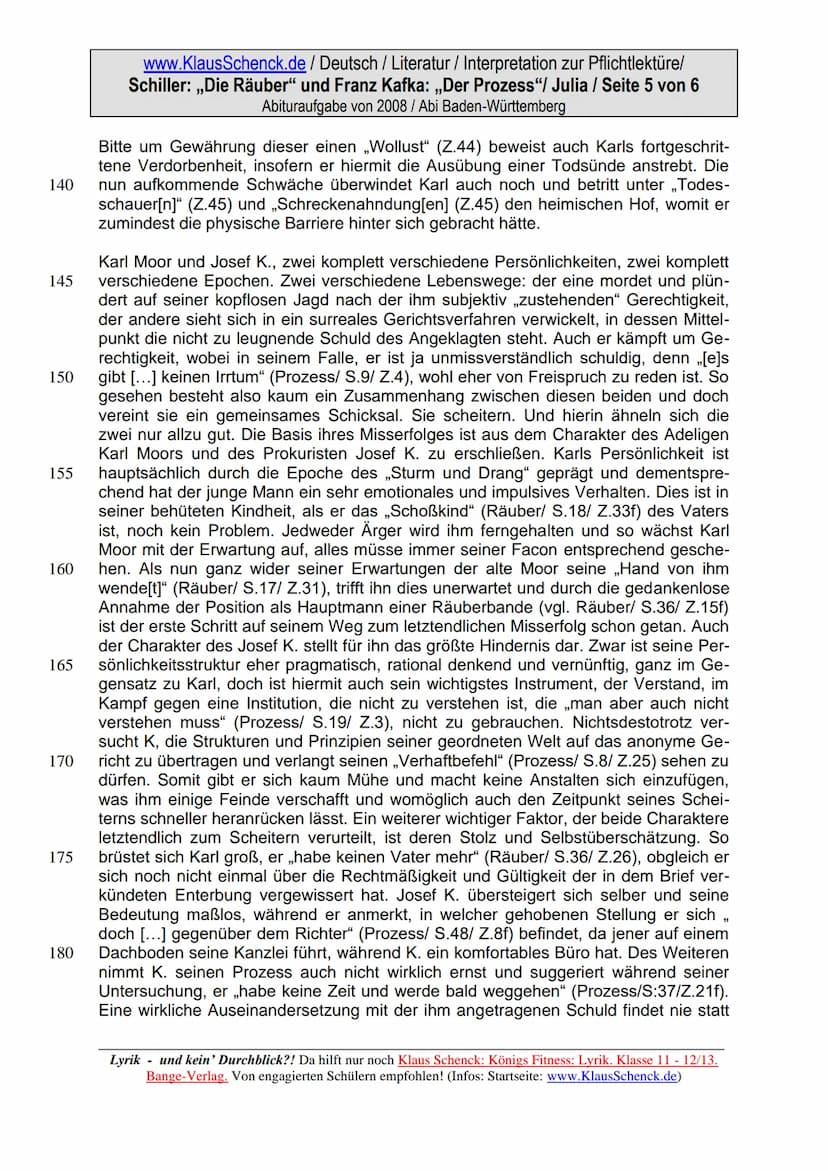 www.KlausSchenck.de / Deutsch / Literatur / Interpretation zur Pflichtlektüre/
Schiller: ,,Die Räuber" und Franz Kafka: „Der Prozess"/ Julia