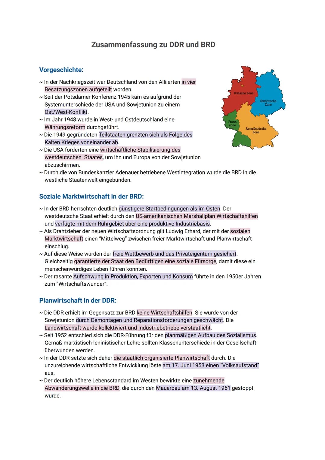Zusammenfassung zu DDR und BRD
Vorgeschichte:
~ In der Nachkriegszeit war Deutschland von den Alliierten in vier
Besatzungszonen aufgeteilt 