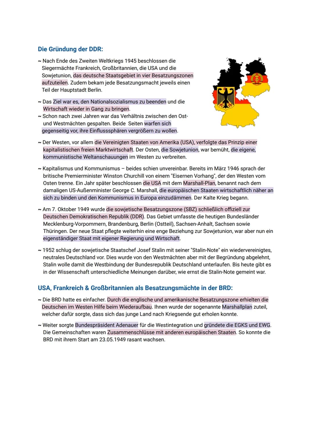 Zusammenfassung zu DDR und BRD
Vorgeschichte:
~ In der Nachkriegszeit war Deutschland von den Alliierten in vier
Besatzungszonen aufgeteilt 