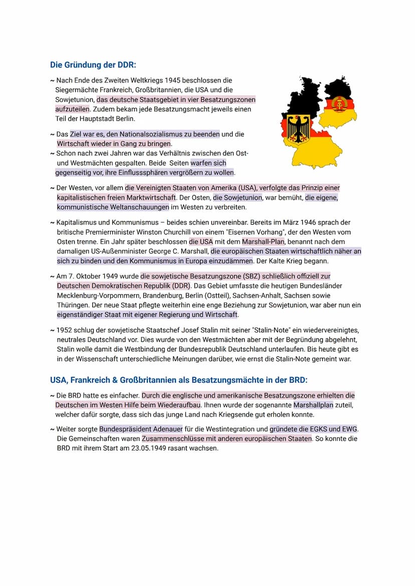 Zusammenfassung zu DDR und BRD
Vorgeschichte:
~ In der Nachkriegszeit war Deutschland von den Alliierten in vier
Besatzungszonen aufgeteilt 