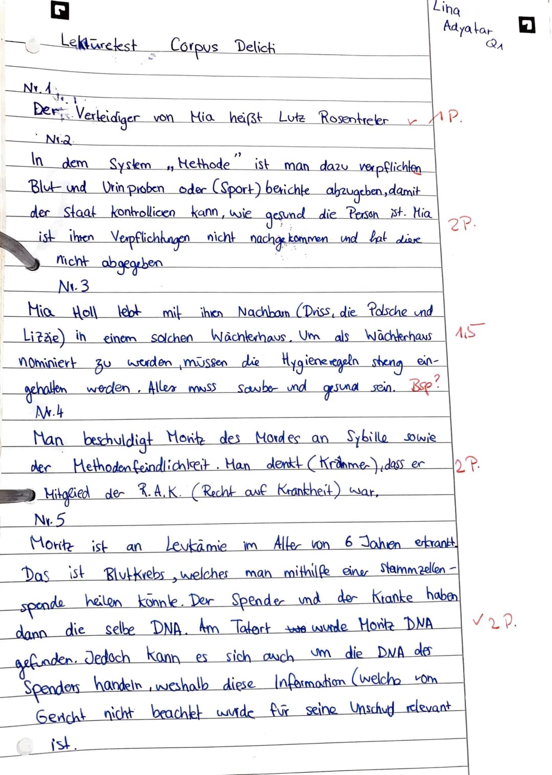 Lektüretest zu Juli Zehs Roman Corpus, Delicti
Name:
Datum: 12.01.2
1. Wie heißt Mias Verteidiger mit vollem Namen?
1 P.
2. Warum steht Mia 