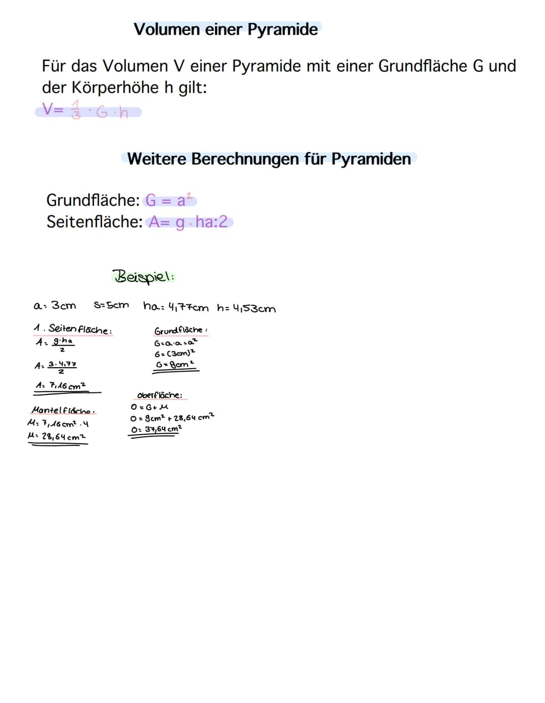Eigenschaften von Pyramiden
- Jede Seitenfläche einer Pyramide ist ein Dreieck
- Ist die Grundfläche ein Dreieck (Viereck, Fünfeck...), so h