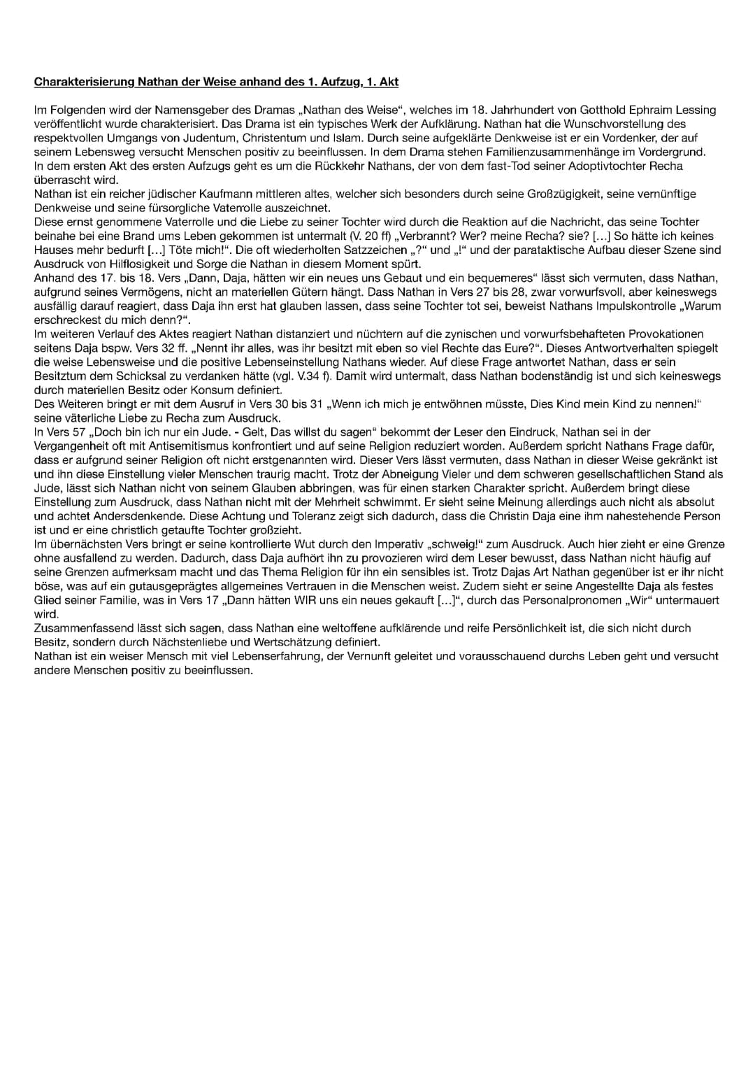 Nathan der Weise Charakterisierung und Szenenanalyse - 1. Aufzug, 1. Auftritt bis 6. Auftritt
